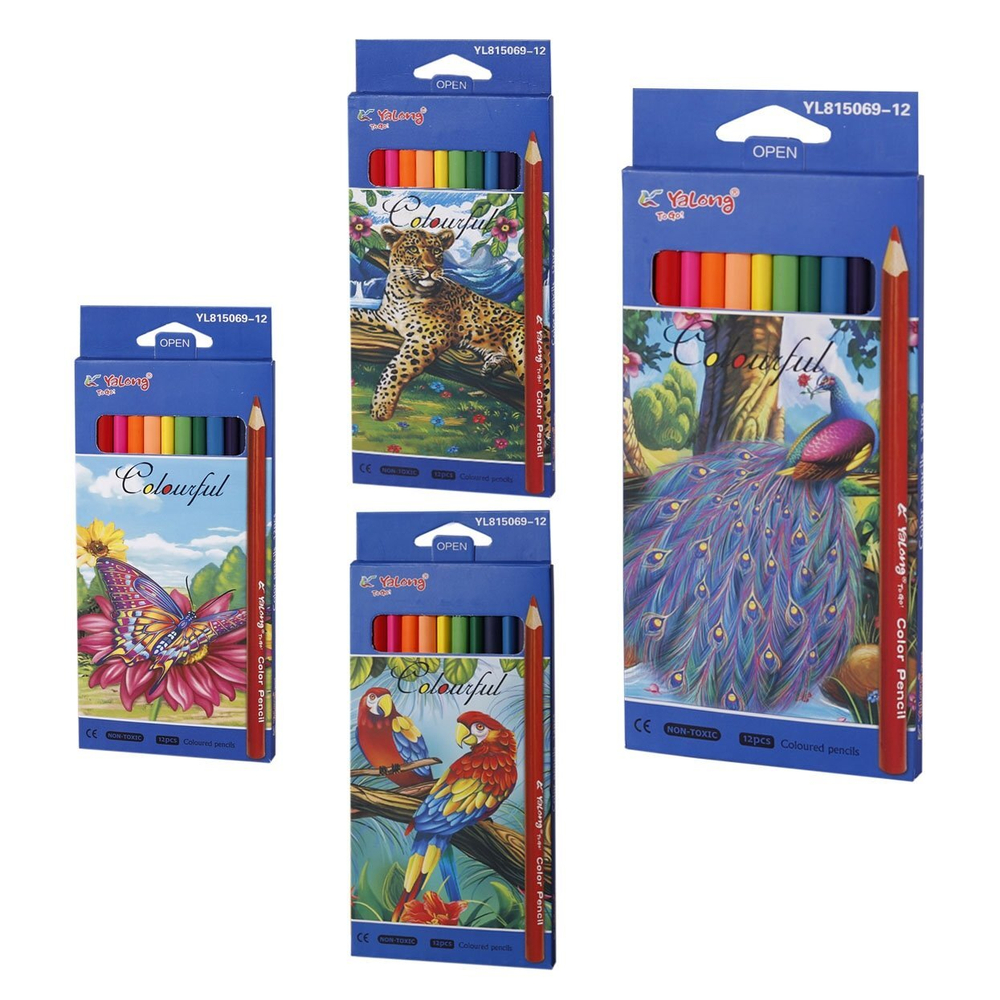Карандаши цветные Yalong 12 цв., "ZOO-1" деревянные, трехгранные, заточенные, грифель 3.0 мм, картон. уп., европодвес
