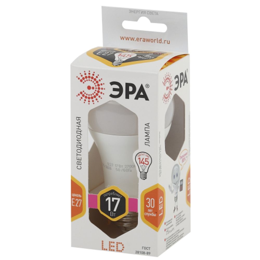 Лампа светодиодная ЭРА STD LED A60-17W-827-E27 17Вт груша теплый белый свет Е27 | Лампы cветодиодные Груша (A)