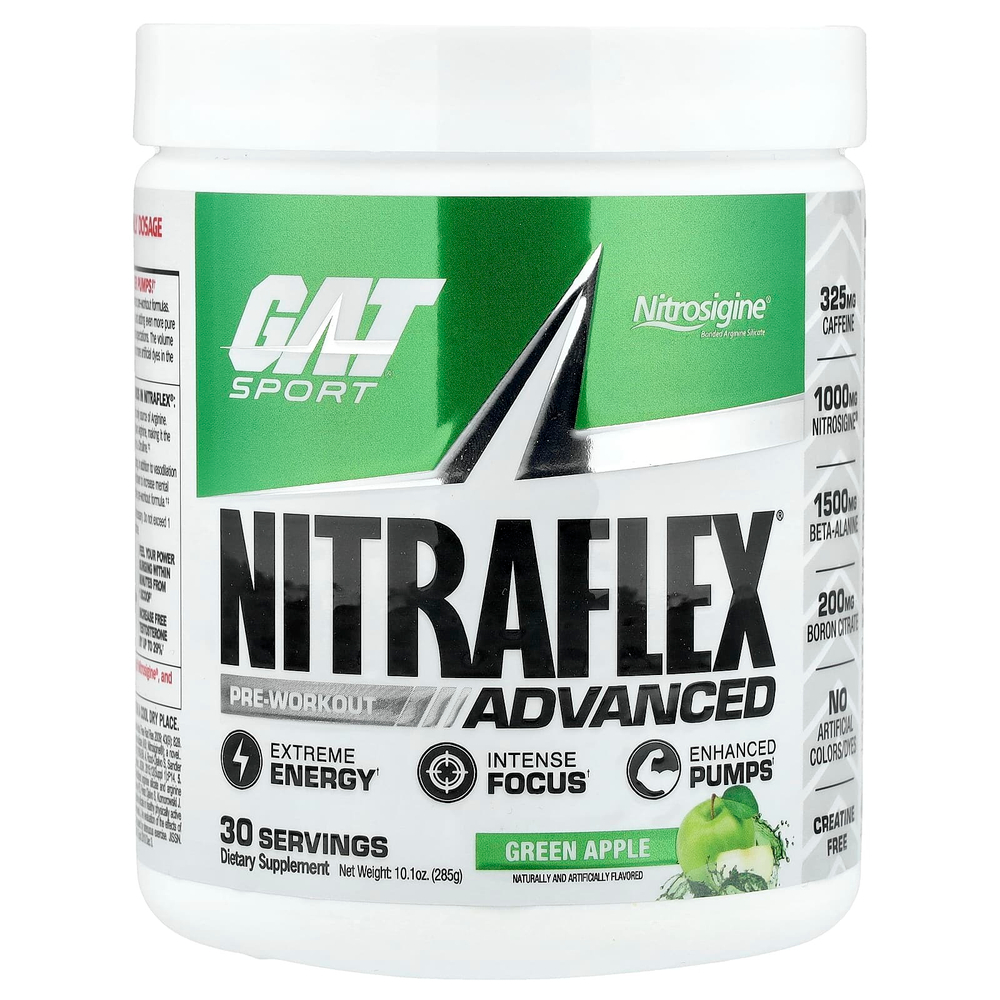 GAT, Sport, NITRAFLEX® Advanced, предтренировочный комплекс, со вкусом зеленого яблока, 285 г (10,1 унции)