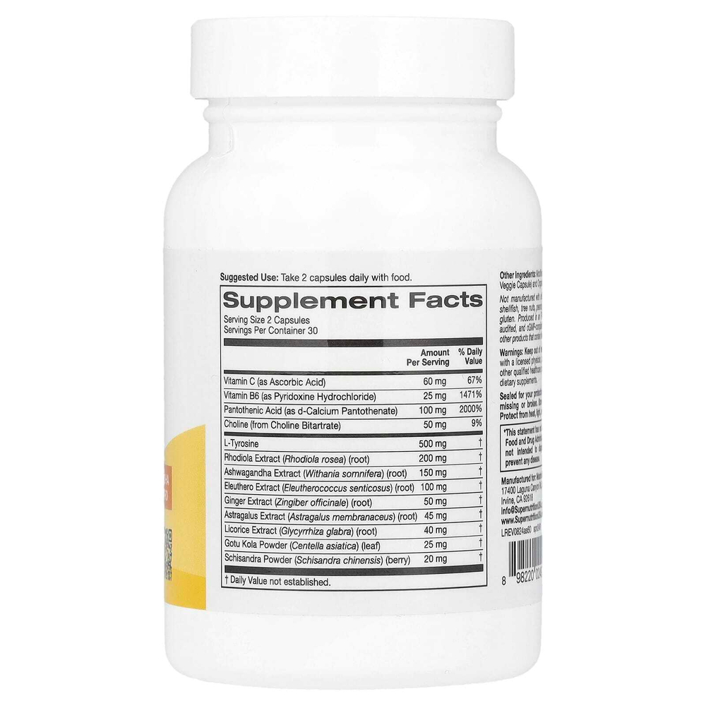 Super Nutrition, добавка для поддержки надпочечников, с L-тирозином, экстрактами родиолы, ашваганды и элеутерококка, 60 вегетарианских капсул