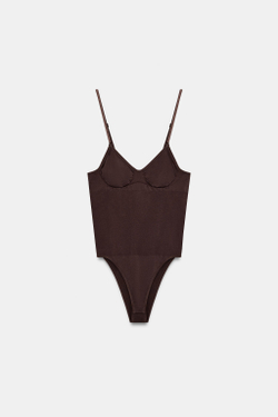 ZARA БЕСШОВНОЕ БОДИ НА БРЕТЕЛЯХ, ШОКОЛАДНЫЙ