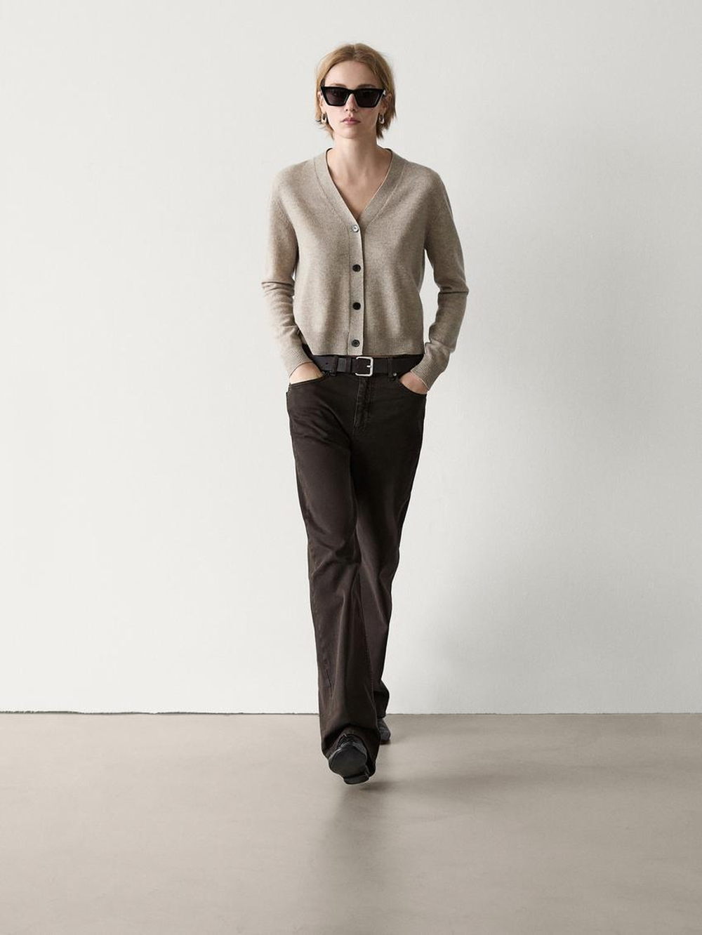 Massimo Dutti Кардиган из шерсти и кашемира с V-образным вырезом, кротово-коричневый