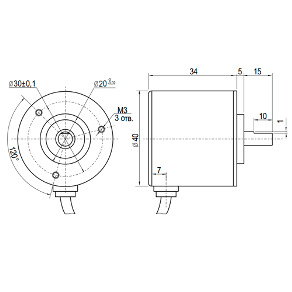 Инкрементальный энкодер INNOCONT D=40мм, выступающий вал 6мм, 200 имп/об, 24VDC, выход HTL, IP54, -20…+80°C, радиальный кабель 2м