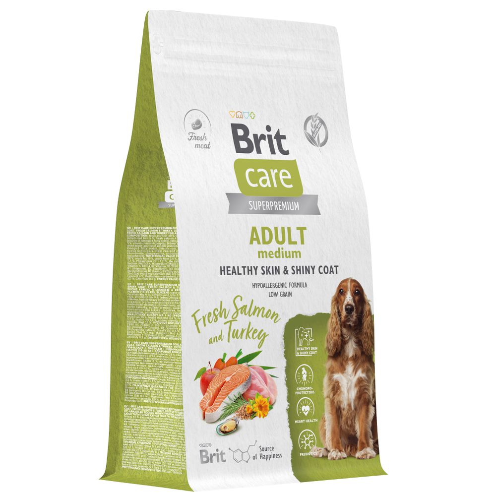 Сухой Корм Brit Care Dog Adult M Healthy Skin&amp;Shiny Coat для взрослых собак средних пород здоровая кожа и шерсть с лососем и индейкой 1.5 кг