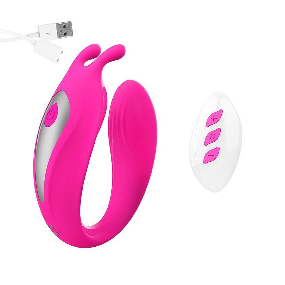 Розовый изогнутый вибромассажер с усиками (Цвет: розовый)