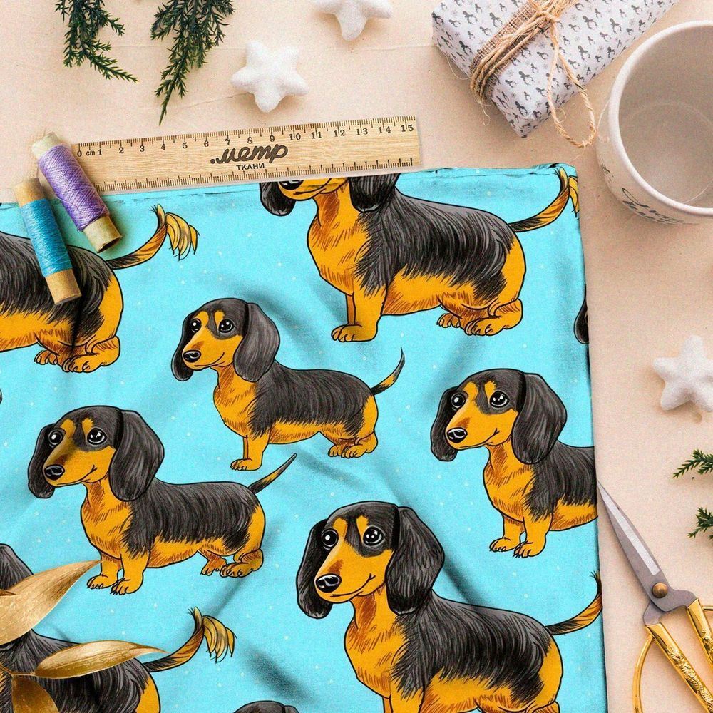 Ткань премиум атлас таксы на голубом