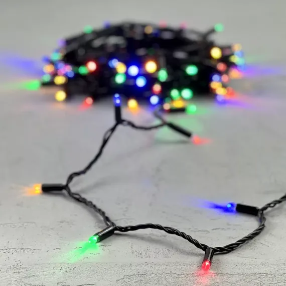 Светодиодная гирлянда с колпачком 100 разноцветных LED ламп 10 м., 220-230 В., черный провод ПВХ, IP65, LTC (PST100CAP-11-2M)
