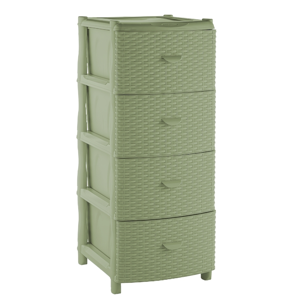 Комод "Элластик" 4 ящика с фасадом Люкс (плетенка), цвет оливковый, ножки на колесиках