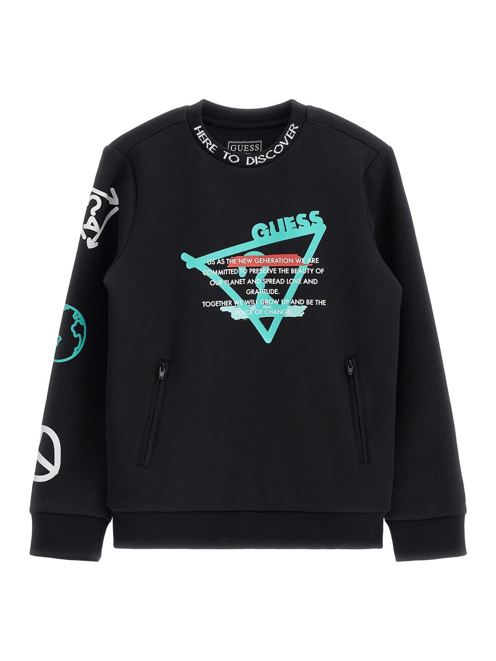 Свитшот GUESS Черный/Термопринт: бирюзовые и белые значки и надписи (Мальчик)