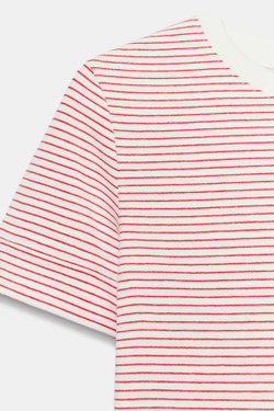 ZARA МИНИМАЛИСТИЧНАЯ ФУТБОЛКА С КОРОТКИМИ РУКАВАМИ, КРАСНАЯ ПОЛОСКА