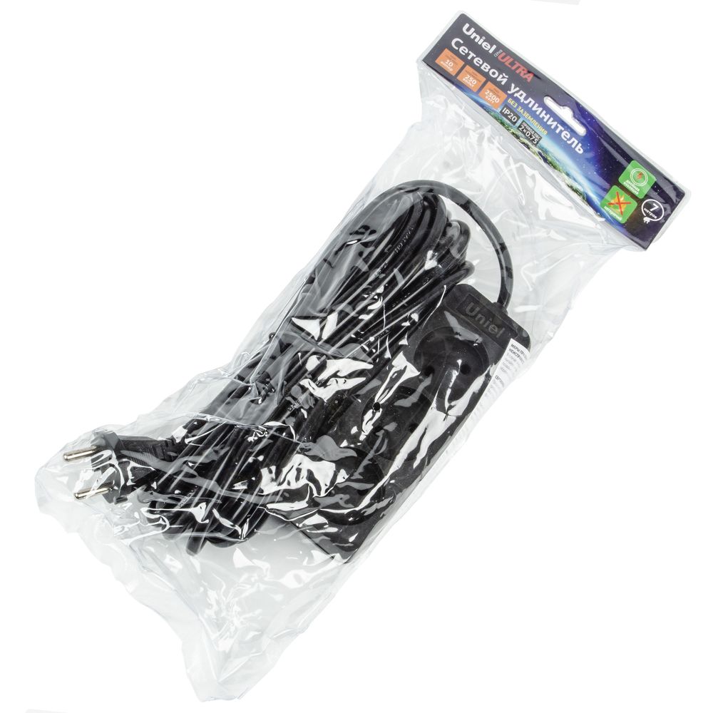 S-CU3-7 BLACK Удлинитель серии Ultra. шнур 7м.. 3 гнезда. 10A. б-з. Черный. TM Uniel