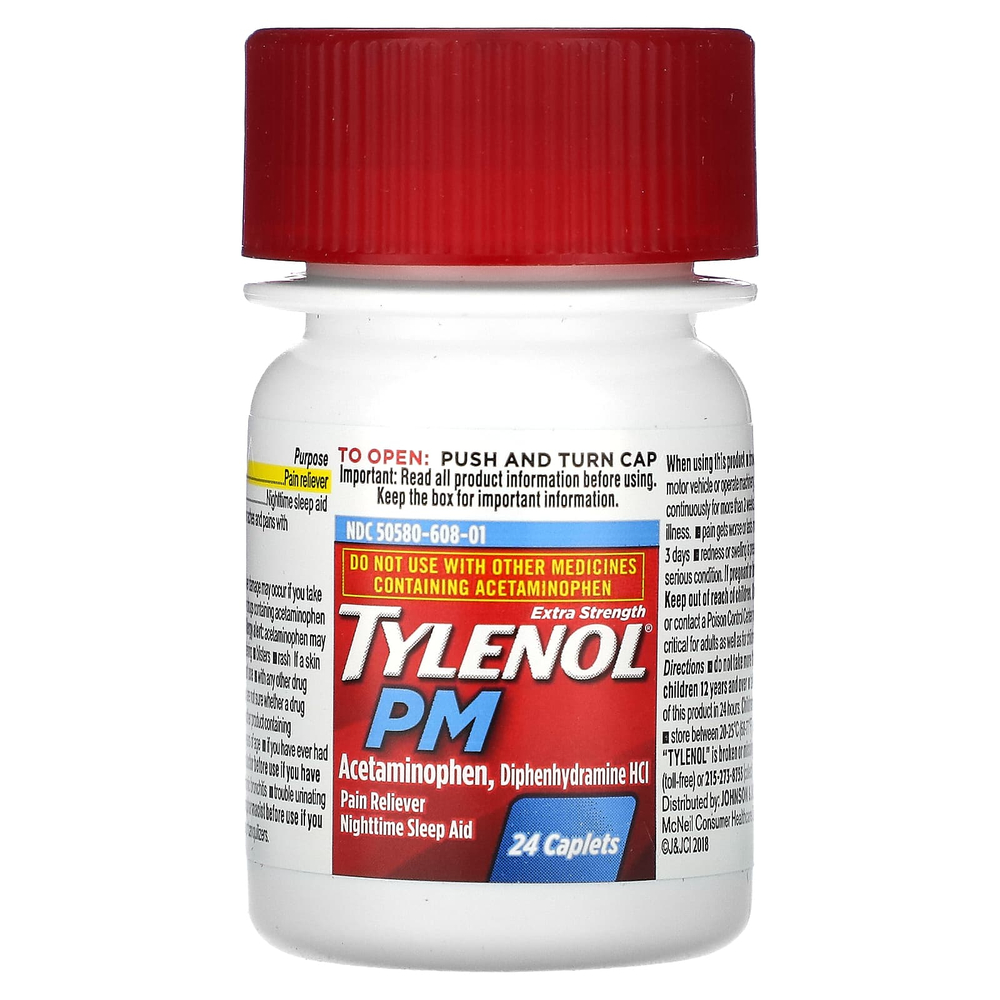 Tylenol, Ацетаминофен с повышенной силой действия, болеутоляющее, средство для ночного сна, 24 капсулы