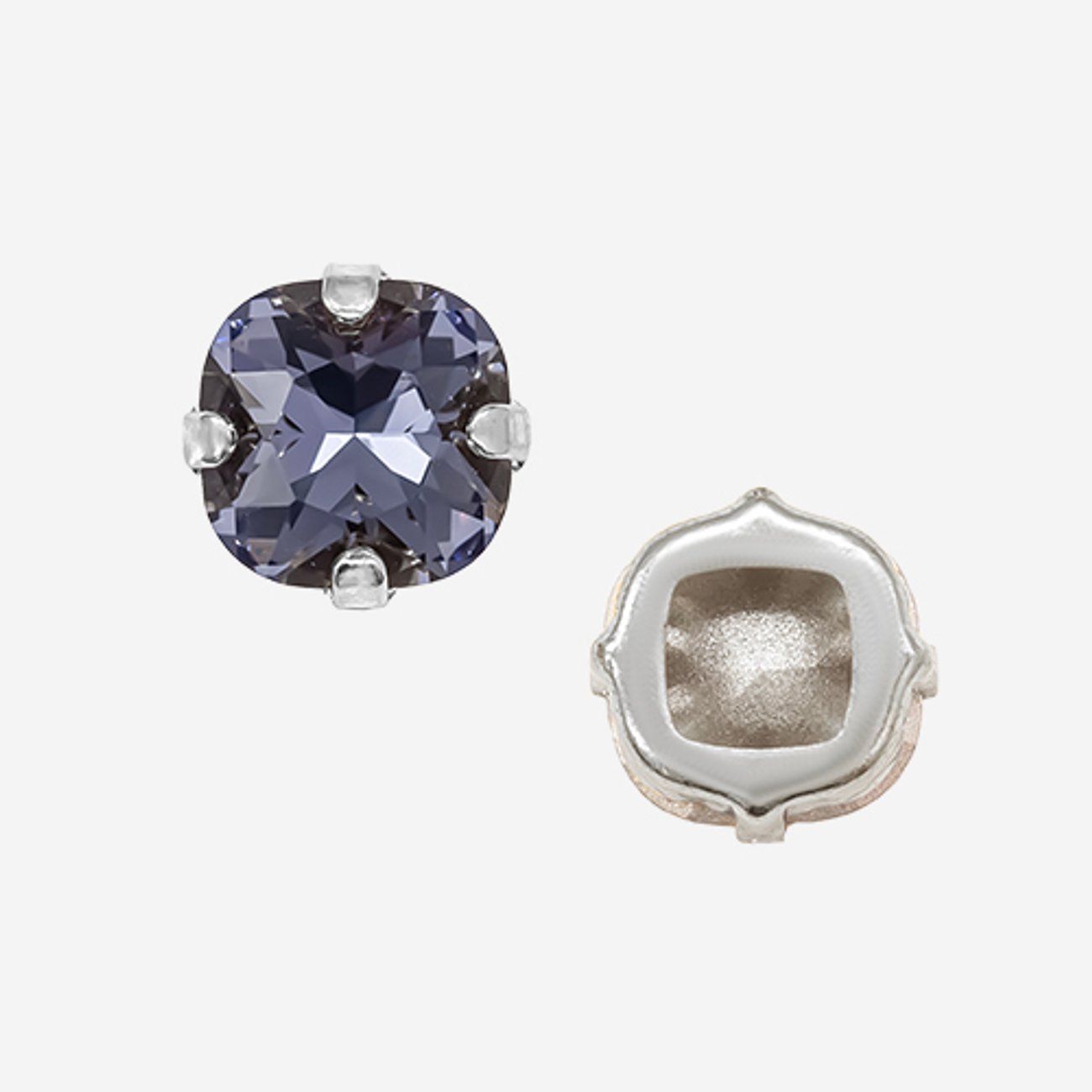 Кристалл Кушон (Сushion) в цапах, оттенок "Танзанит"/"Tanzanite", 9,2мм, родирование