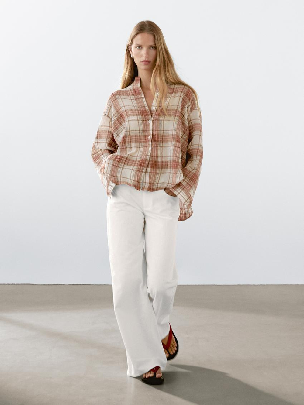 Massimo Dutti Рубашка оверсайз в клетку с воротником-стойкой, черепичный