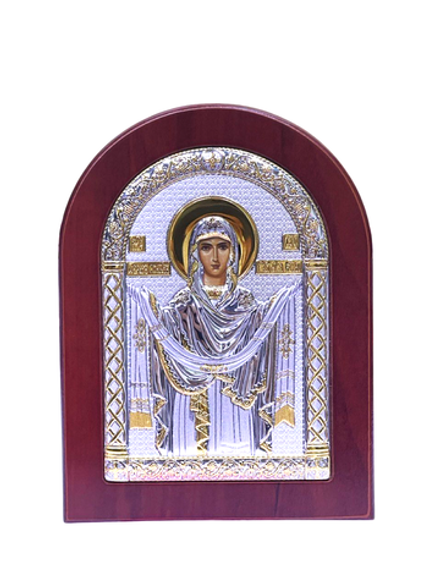 Икона Покров БМ: 10х14, напыление серебром и золотом, А-3, наст. с подс., красное дерево (Греция)