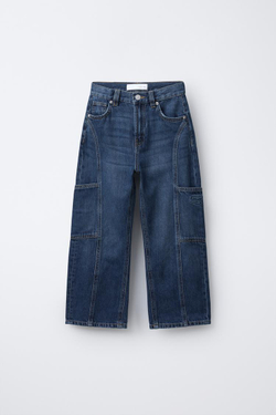 ZARA ДЖИНСЫ BARREL С КАРМАНАМИ И ВЫШИВКОЙ, ВЫЦВЕТШИЙ СИНИЙ