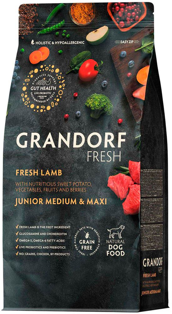 Grandorf Fresh 1кг Holistic Junior Medium&amp;Maxi Lamb&amp;Sweet Potato Сухой корм для юниоров средних и крупных пород, свежее мясо ягненка с бататом