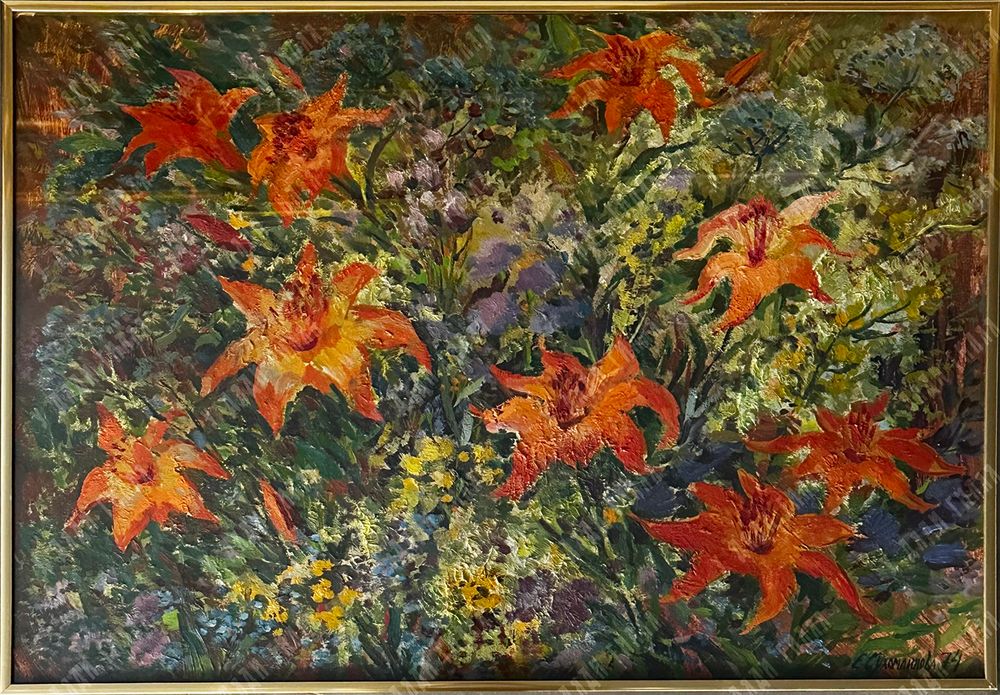 Сухомлинова Е. С. Лилии цветут. Масло. 1974 г.