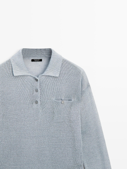 Massimo Dutti Тонкий свитер изо льна с воротником поло, выцветший синий