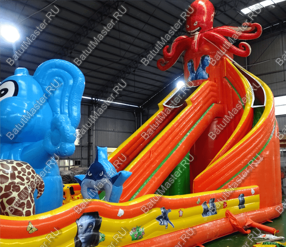 Коммерческий надувной батут "Слоны и жираф" 18*9*8,5 м