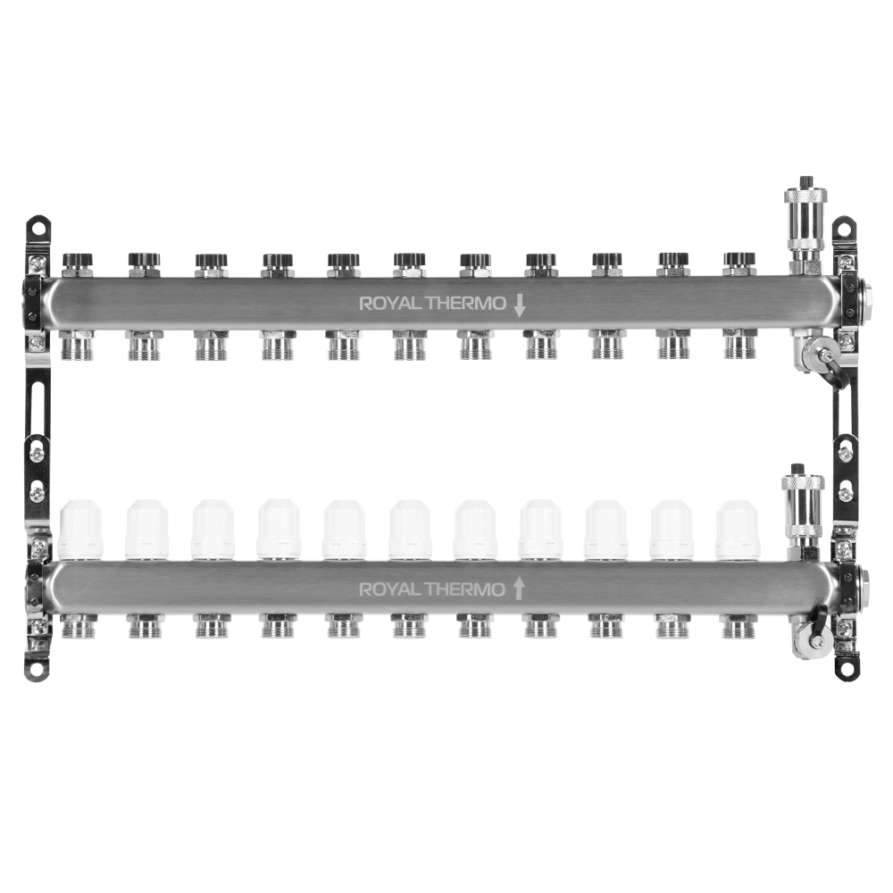 Коллектор Royal Thermo нерж. в сборе универсальный 1" ВР-3/4" НР с автомат. воздухоотвод-ми 11 вых.