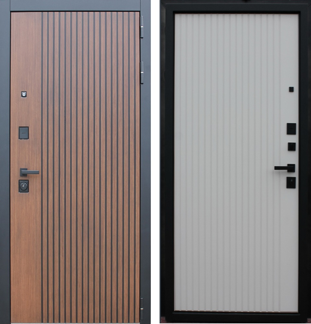 Входная металлическая дверь "Вельвет" дуб кантри темный, черное патирование по фрезеровки / капучино ZB 853-2 (темно-белый) продольная фрезеровка