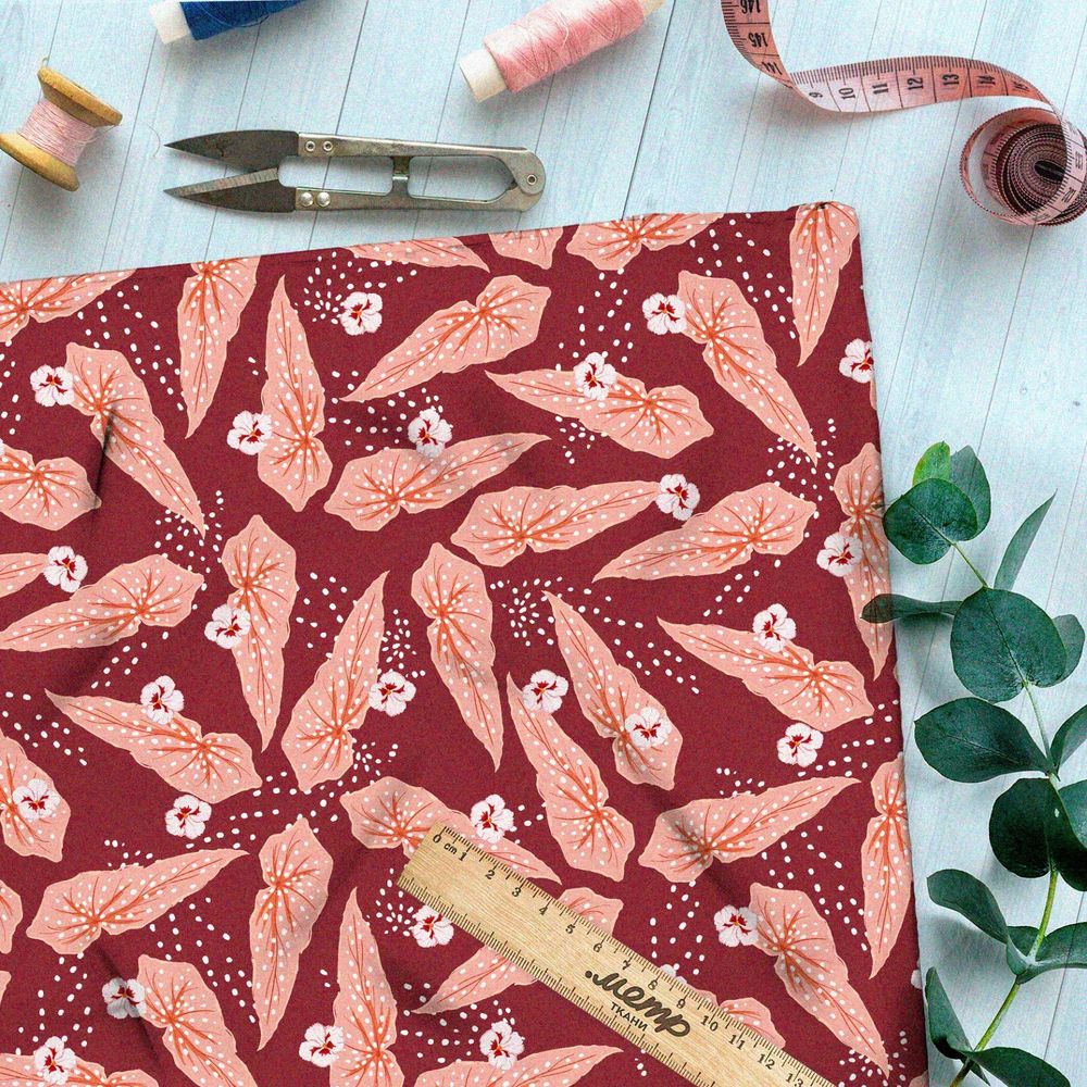 Ткань дюспо коралловый лотос на красном фоне