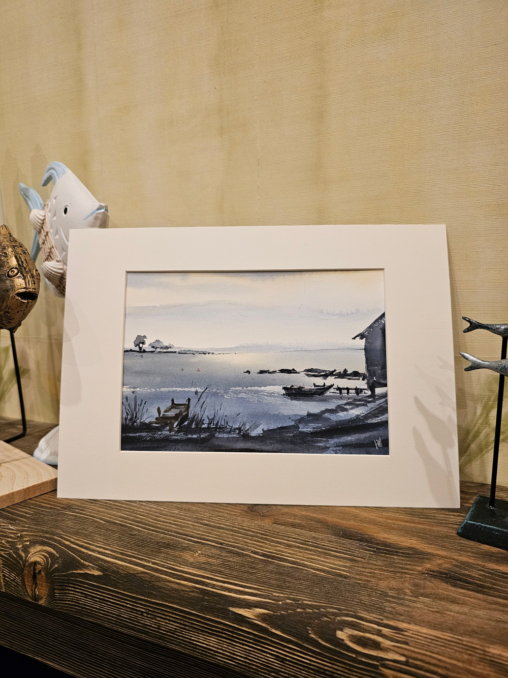 Картина, графика в паспарту 21х30 см на стену для интерьера "Причал"