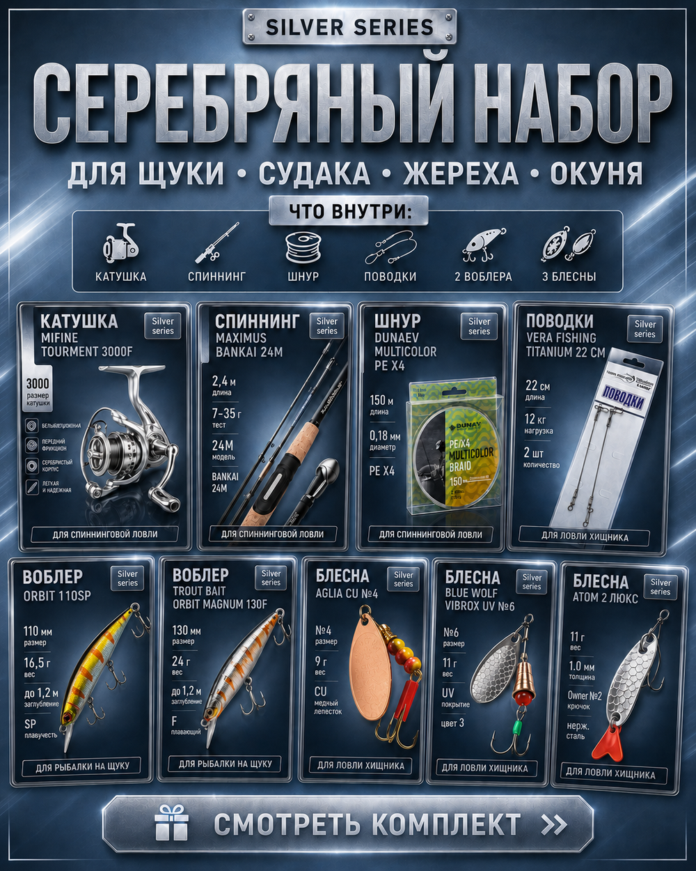 Готовый рыболовный набор Silver: спиннинг, катушка и приманки