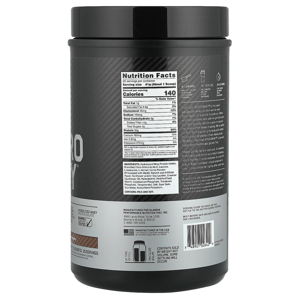 Optimum Nutrition, Platinum Hydro Whey®, шоколад, 820 г (1,8 фунта)