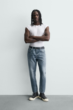 ZARA УКОРОЧЕННЫЕ ДЖИНСЫ SLIM FIT, ВЫЦВЕТШИЙ СИНИЙ