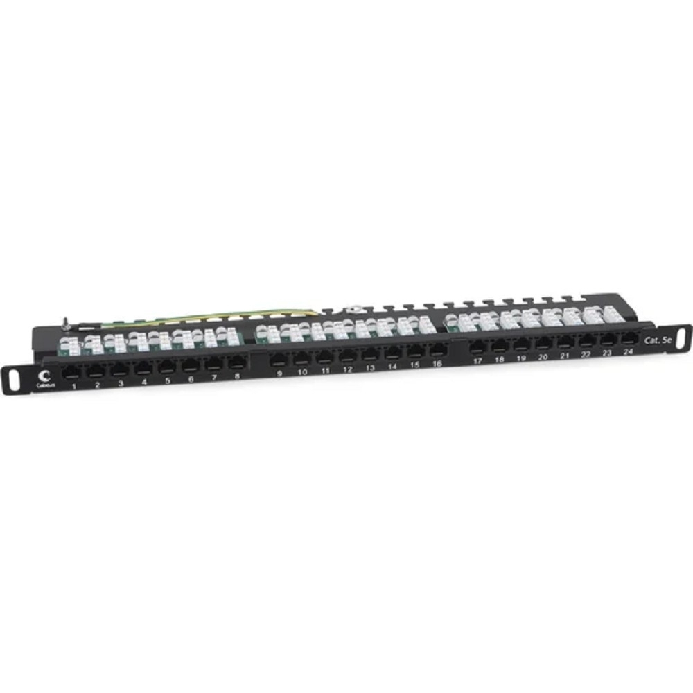 Cabeus PLHD-24-Cat.5e-Dual-90-0,5U Патч-панель высокой плотности 19" (0,5U), 24 порта RJ-45, категория 5e, Dual IDC, 90 градусов, с задним кабельным организатором