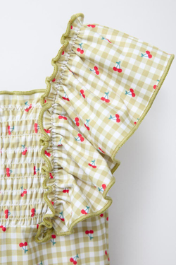 ZARA КУПАЛЬНИК В КЛЕТКУ ВИШИ С ПРИНТОМ «ВИШНЯ», ЦВЕТ ОЛИВКОВОГО МАСЛА