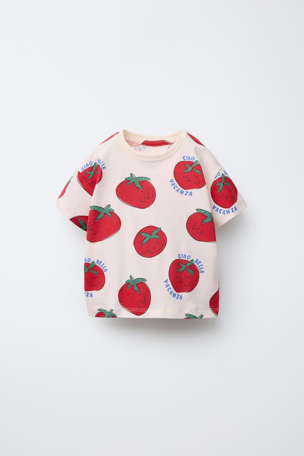 ZARA ПИЖАМА С ФУТБОЛКОЙ И ШОРТАМИ С ПРИНТОМ «ПОМИДОРЫ», ЭКРЮ