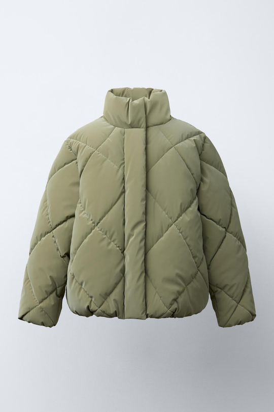ZARA СТЕГАНАЯ КУРТКА ИЗ ПРОРЕЗИНЕННОЙ ТКАНИ, ХАКИ
