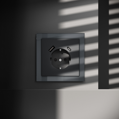 Розетка встраиваемая VOLTUM S70 с заземлением и защитными шторками, 16А, с USB, A+С, (графит)