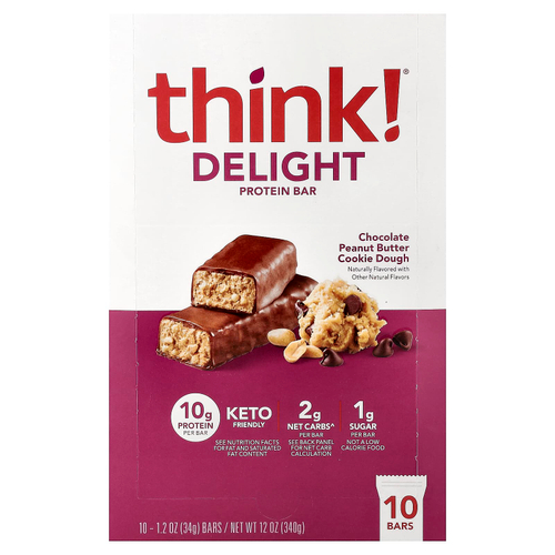 Think !, Delight протеиновый батончик, печенье с шоколадом и арахисовой пастой, 10 батончиков по 34 г (1,2 унции)
