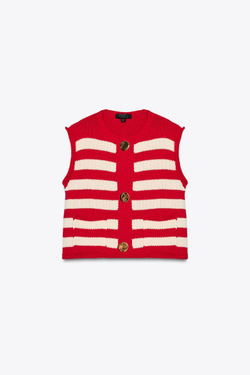 ZARA ТРИКОТАЖНЫЙ ТОП-ЖИЛЕТ В ПОЛОСКУ, БЕЛЫЙ/КРАСНЫЙ