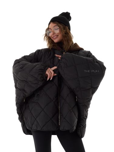 Черный пуховик-летучая мышь с вязаным капюшоном