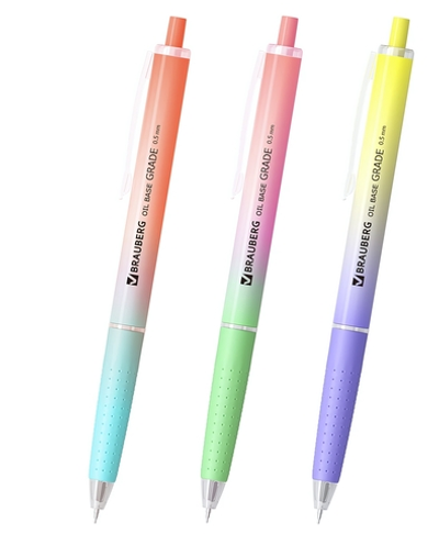 Ручка шарик. масл. автомат. узел 0,5мм. лин.0,3мм. "Oil-Base Grade" синяя, корпус ассорти (BRAUBERG)