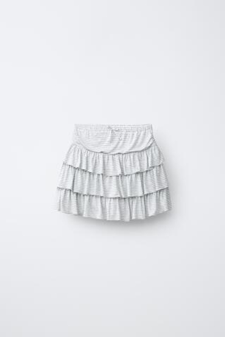 ZARA ЮБКА В ПОЛОСКУ С ВОЛАНАМИ, СЕРЫЙ МЕЛАНЖ