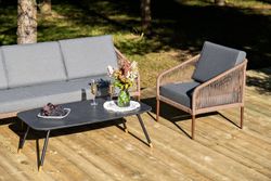 "Канны" лаунж-зона 5-местная из роупа со столом "Верона" (серый гранит), каркас алюминиевый коричневый, роуп коричневый