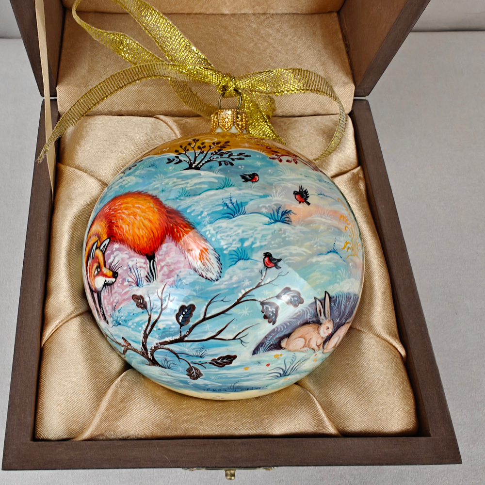 Шар новогодний с ручной росписью Палех "Лиса и зайцы"