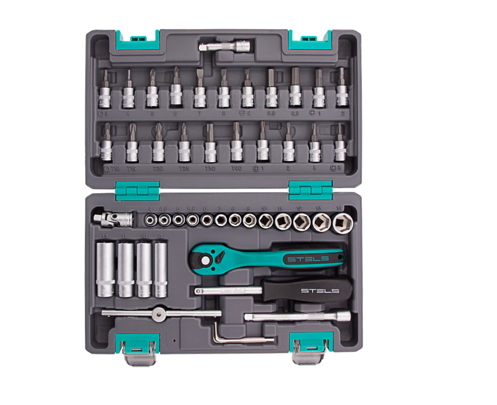 Набор инструментов, 1/4", Cr-V, S2, усиленный кейс, 47 предметов Stels 14099
