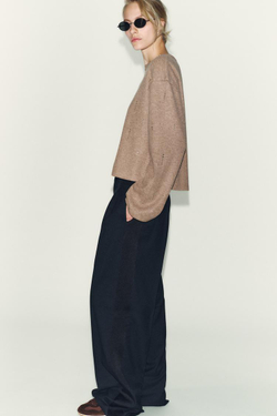 ZARA СВИТЕР В РУБЧИК СО СТРАЗАМИ, БЕЖЕВЫЙ МЕЛАНЖ