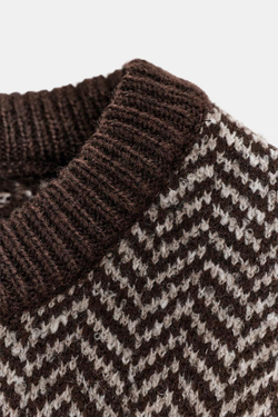 ZARA ТРИКОТАЖНЫЙ ЖИЛЕТ В ЁЛОЧКУ, ЭКРЮ/КОРИЧНЕВЫЙ