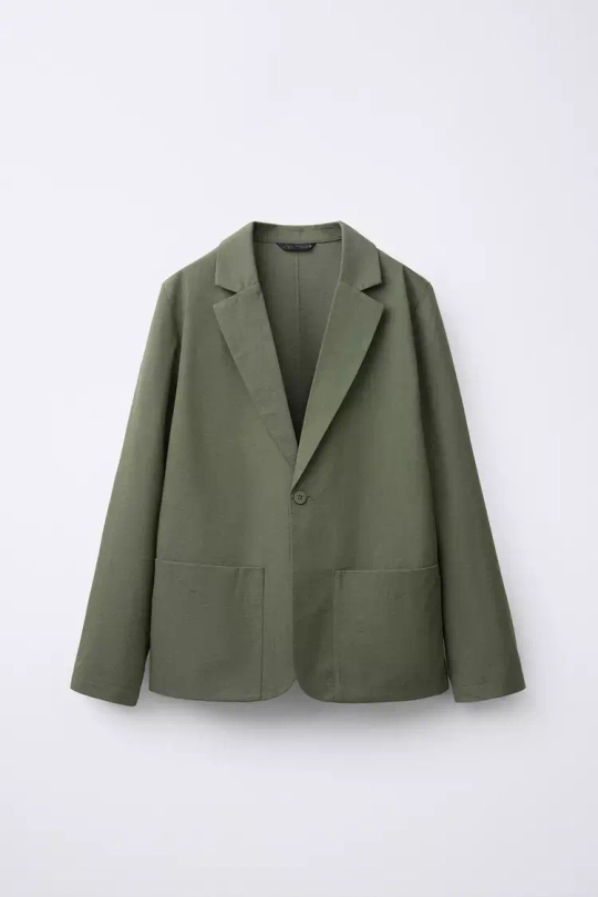 ZARA ПИДЖАК ИЗ СТРУЯЩЕЙСЯ ТКАНИ, СВЕТЛЫЙ ХАКИ