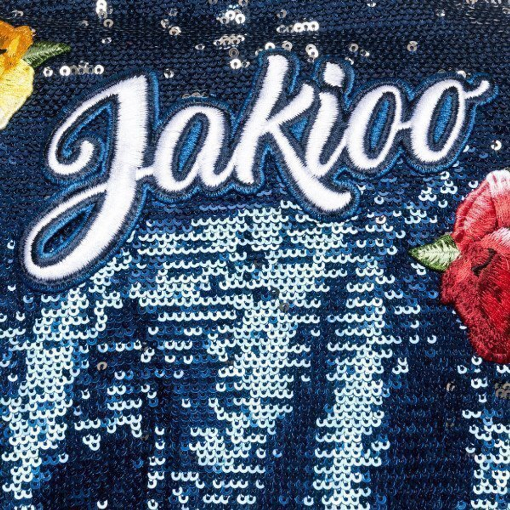 Бомбер MONNALISA Jakioo Синий/Зеленые рукава/Сине-серебристые пайетки/На спине: аппликация: 2 розы, Jakioo/Подклад: синий/Принт: джунгли Девочка