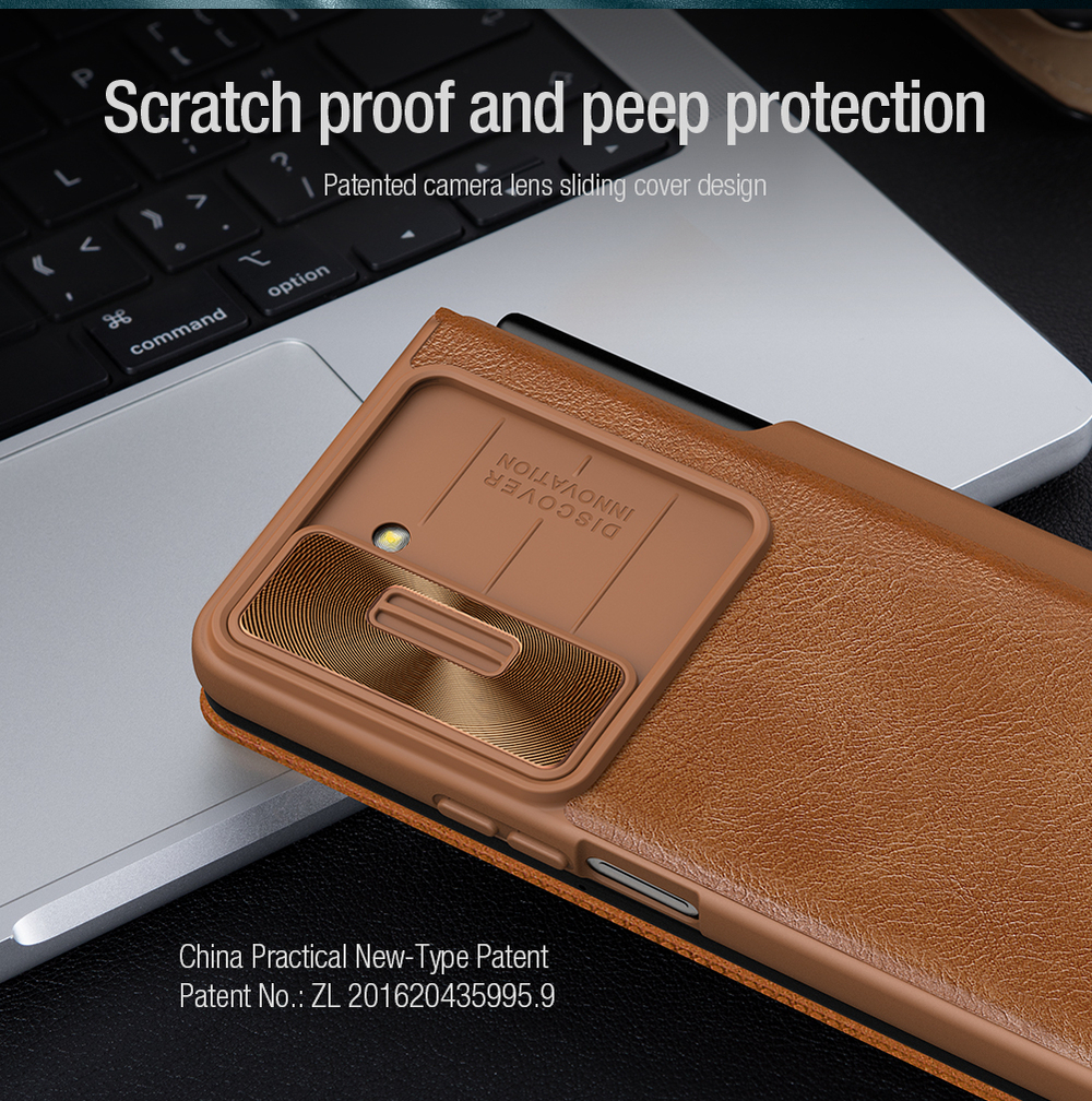 Кожаный чехол коричневого цвета (British Brown) от Nillkin для Samsung Galaxy Z Fold 5, с держателем для S Pen, серия Qin Pro Leather с защитной шторкой для камеры