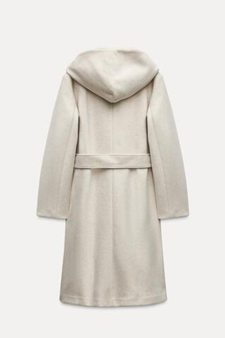 ZARA ПАЛЬТО ИЗ МЯГКОЙ ТКАНИ С ПОЯСОМ И КАПЮШОНОМ, ЭКРЮ